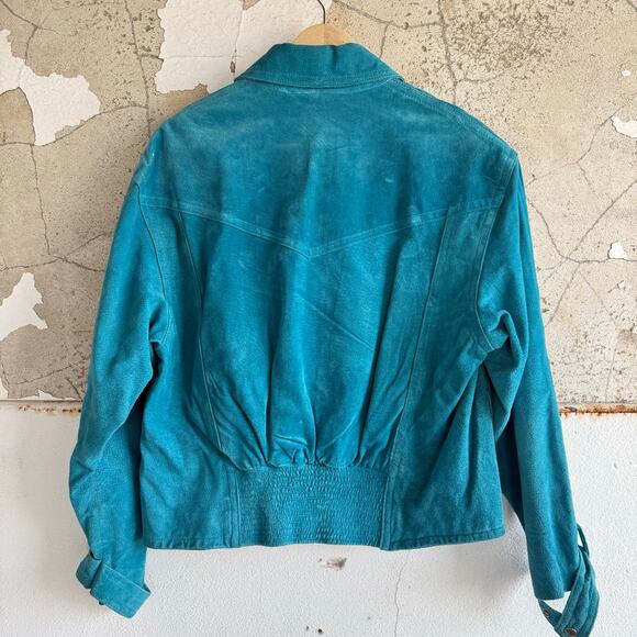 Vintage Suede Trucker Jacket Womens L Turquoise Teal 90s Leather Bomber Western - Picture 7 of 7
